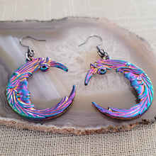 Load image into Gallery viewer, Titanium Iridescent Moon Earrings, Long Dangle Drop Earring, Electroplated Vaporwave Jewelry