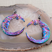 Load image into Gallery viewer, Titanium Iridescent Moon Earrings, Long Dangle Drop Earring, Electroplated Vaporwave Jewelry