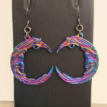 Load image into Gallery viewer, Titanium Iridescent Moon Earrings, Long Dangle Drop Earring, Electroplated Vaporwave Jewelry
