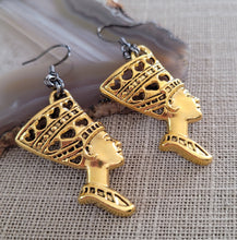 Load image into Gallery viewer, Queen Nefertiti Earrings, Antique Gold Charms with Gunmetal Findings,  Long Dangle Drop Earrings, Egyptian Jewelry