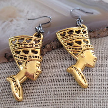 Load image into Gallery viewer, Queen Nefertiti Earrings, Antique Gold Charms with Gunmetal Findings,  Long Dangle Drop Earrings, Egyptian Jewelry
