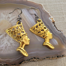 Load image into Gallery viewer, Queen Nefertiti Earrings, Antique Gold Charms with Gunmetal Findings,  Long Dangle Drop Earrings, Egyptian Jewelry