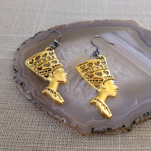 Load image into Gallery viewer, Queen Nefertiti Earrings, Antique Gold Charms with Gunmetal Findings,  Long Dangle Drop Earrings, Egyptian Jewelry
