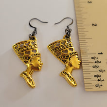 Load image into Gallery viewer, Queen Nefertiti Earrings, Antique Gold Charms with Gunmetal Findings,  Long Dangle Drop Earrings, Egyptian Jewelry