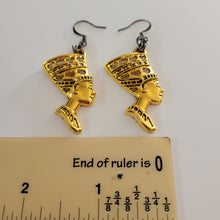 Load image into Gallery viewer, Queen Nefertiti Earrings, Antique Gold Charms with Gunmetal Findings,  Long Dangle Drop Earrings, Egyptian Jewelry