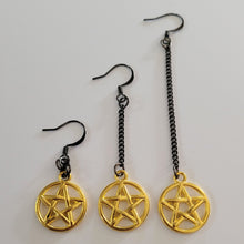 Load image into Gallery viewer, Gold Pentagram Earrings, Long Dangle Chain Earrings in Your Choice of Three Lengths, Gunmetal Thin Chain