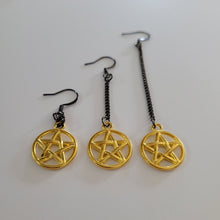 Load image into Gallery viewer, Gold Pentagram Earrings, Long Dangle Chain Earrings in Your Choice of Three Lengths, Gunmetal Thin Chain