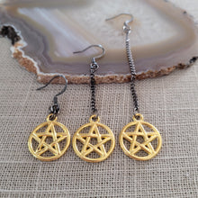 Load image into Gallery viewer, Gold Pentagram Earrings, Long Dangle Chain Earrings in Your Choice of Three Lengths, Gunmetal Thin Chain