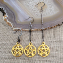 Load image into Gallery viewer, Gold Pentagram Earrings, Long Dangle Chain Earrings in Your Choice of Three Lengths, Gunmetal Thin Chain