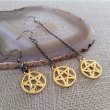 Load image into Gallery viewer, Gold Pentagram Earrings, Long Dangle Chain Earrings in Your Choice of Three Lengths, Gunmetal Thin Chain