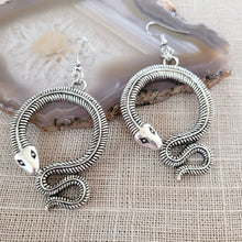 Load image into Gallery viewer, Coiled Snake Earrings,  Silver Dangle Drop Earrings