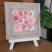 Load image into Gallery viewer, Pastel Pink Flowers Frame, Handmade Paper Flowers, 6x6 Woodgrain Frame, Nursery Powder Room Decor