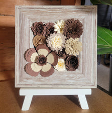 Load image into Gallery viewer, Brown and Cream Floral Frame, Handmade Paper Flowers, 6x6 Woodgrain Frame, Nursery Powder Room Decor