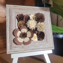 Load image into Gallery viewer, Brown and Cream Floral Frame, Handmade Paper Flowers, 6x6 Woodgrain Frame, Nursery Powder Room Decor