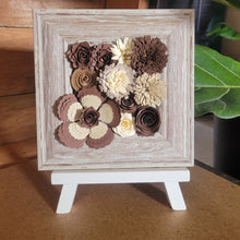 Load image into Gallery viewer, Brown and Cream Floral Frame, Handmade Paper Flowers, 6x6 Woodgrain Frame, Nursery Powder Room Decor