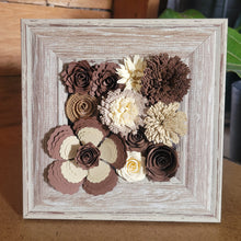Load image into Gallery viewer, Brown and Cream Floral Frame, Handmade Paper Flowers, 6x6 Woodgrain Frame, Nursery Powder Room Decor