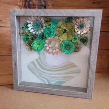 Load image into Gallery viewer, Green and Gold Floral Shadow Box, Handmade Paper Flowers 9x9 Woodgrain Shadow Box, Nursery Powder Room Decor