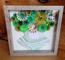 Load image into Gallery viewer, Green and Gold Floral Shadow Box, Handmade Paper Flowers 9x9 Woodgrain Shadow Box, Nursery Powder Room Decor