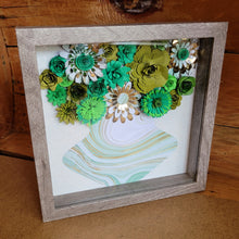 Load image into Gallery viewer, Green and Gold Floral Shadow Box, Handmade Paper Flowers 9x9 Woodgrain Shadow Box, Nursery Powder Room Decor