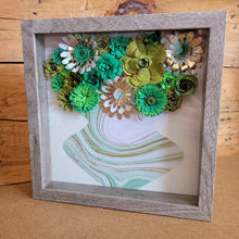 Load image into Gallery viewer, Green and Gold Floral Shadow Box, Handmade Paper Flowers 9x9 Woodgrain Shadow Box, Nursery Powder Room Decor