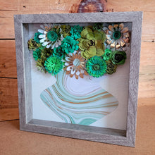 Load image into Gallery viewer, Green and Gold Floral Shadow Box, Handmade Paper Flowers 9x9 Woodgrain Shadow Box, Nursery Powder Room Decor