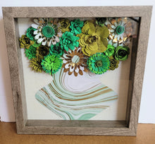 Load image into Gallery viewer, Green and Gold Floral Shadow Box, Handmade Paper Flowers 9x9 Woodgrain Shadow Box, Nursery Powder Room Decor