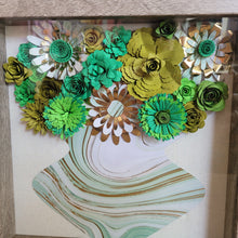 Load image into Gallery viewer, Green and Gold Floral Shadow Box, Handmade Paper Flowers 9x9 Woodgrain Shadow Box, Nursery Powder Room Decor