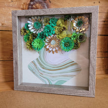 Load image into Gallery viewer, Green and Gold Floral Shadow Box, Handmade Paper Flowers 9x9 Woodgrain Shadow Box, Nursery Powder Room Decor