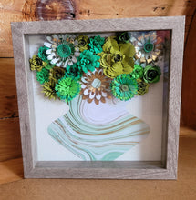 Load image into Gallery viewer, Green and Gold Floral Shadow Box, Handmade Paper Flowers 9x9 Woodgrain Shadow Box, Nursery Powder Room Decor