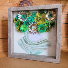Load image into Gallery viewer, Green and Gold Floral Shadow Box, Handmade Paper Flowers 9x9 Woodgrain Shadow Box, Nursery Powder Room Decor