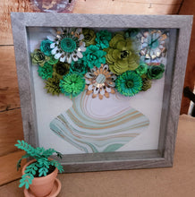 Load image into Gallery viewer, Green and Gold Floral Shadow Box, Handmade Paper Flowers 9x9 Woodgrain Shadow Box, Nursery Powder Room Decor