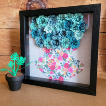 Load image into Gallery viewer, Blue Flower Filled Shadow Box, Handmade Paper Flowers 9x9 Black Shadow Box, Nursery Powder Room Decor, Wall Art