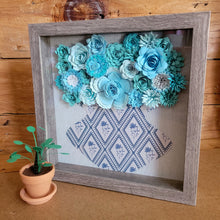 Load image into Gallery viewer, Farmhouse Blue Floral Shadow Box, Handmade Paper Flowers 9x9 Woodgrain Shadow Box, Nursery Powder Room Decor