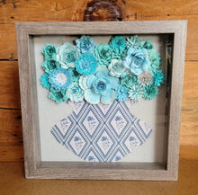 Load image into Gallery viewer, Farmhouse Blue Floral Shadow Box, Handmade Paper Flowers 9x9 Woodgrain Shadow Box, Nursery Powder Room Decor