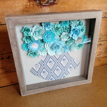 Load image into Gallery viewer, Farmhouse Blue Floral Shadow Box, Handmade Paper Flowers 9x9 Woodgrain Shadow Box, Nursery Powder Room Decor