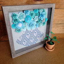 Load image into Gallery viewer, Farmhouse Blue Floral Shadow Box, Handmade Paper Flowers 9x9 Woodgrain Shadow Box, Nursery Powder Room Decor