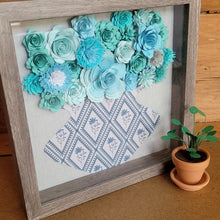 Load image into Gallery viewer, Farmhouse Blue Floral Shadow Box, Handmade Paper Flowers 9x9 Woodgrain Shadow Box, Nursery Powder Room Decor