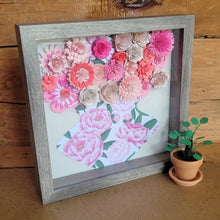 Load image into Gallery viewer, Pink Flower Shadow Box, Handmade Paper Flowers 9x9 Woodgrain Shadow Box, Nursery Powder Room Decor