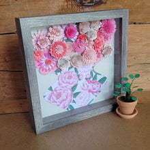 Load image into Gallery viewer, Pink Flower Shadow Box, Handmade Paper Flowers 9x9 Woodgrain Shadow Box, Nursery Powder Room Decor