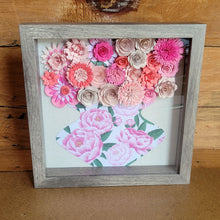 Load image into Gallery viewer, Pink Flower Shadow Box, Handmade Paper Flowers 9x9 Woodgrain Shadow Box, Nursery Powder Room Decor
