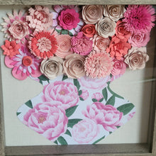 Load image into Gallery viewer, Pink Flower Shadow Box, Handmade Paper Flowers 9x9 Woodgrain Shadow Box, Nursery Powder Room Decor