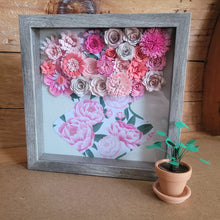 Load image into Gallery viewer, Pink Flower Shadow Box, Handmade Paper Flowers 9x9 Woodgrain Shadow Box, Nursery Powder Room Decor