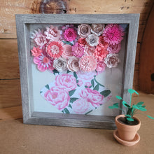 Load image into Gallery viewer, Pink Flower Shadow Box, Handmade Paper Flowers 9x9 Woodgrain Shadow Box, Nursery Powder Room Decor