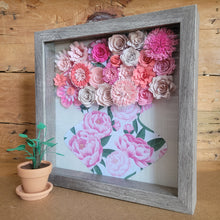 Load image into Gallery viewer, Pink Flower Shadow Box, Handmade Paper Flowers 9x9 Woodgrain Shadow Box, Nursery Powder Room Decor