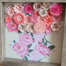 Load image into Gallery viewer, Pink Flower Shadow Box, Handmade Paper Flowers 9x9 Woodgrain Shadow Box, Nursery Powder Room Decor
