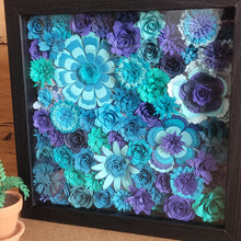 Load image into Gallery viewer, Blue Flowers Shadow Box, Handmade Paper Flowers 9x9 Black Shadow Box, Nursery Powder Room Decor, Wall Art