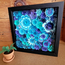 Load image into Gallery viewer, Blue Flowers Shadow Box, Handmade Paper Flowers 9x9 Black Shadow Box, Nursery Powder Room Decor, Wall Art