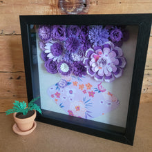 Load image into Gallery viewer, Purple Floral Shadow Box, Handmade Paper Flowers 9x9 Black Shadow Box, Nursery Powder Room Decor, Wall Art