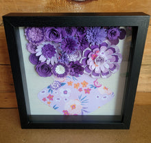 Load image into Gallery viewer, Purple Floral Shadow Box, Handmade Paper Flowers 9x9 Black Shadow Box, Nursery Powder Room Decor, Wall Art