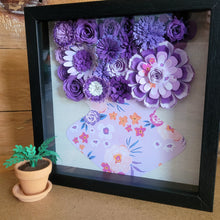 Load image into Gallery viewer, Purple Floral Shadow Box, Handmade Paper Flowers 9x9 Black Shadow Box, Nursery Powder Room Decor, Wall Art